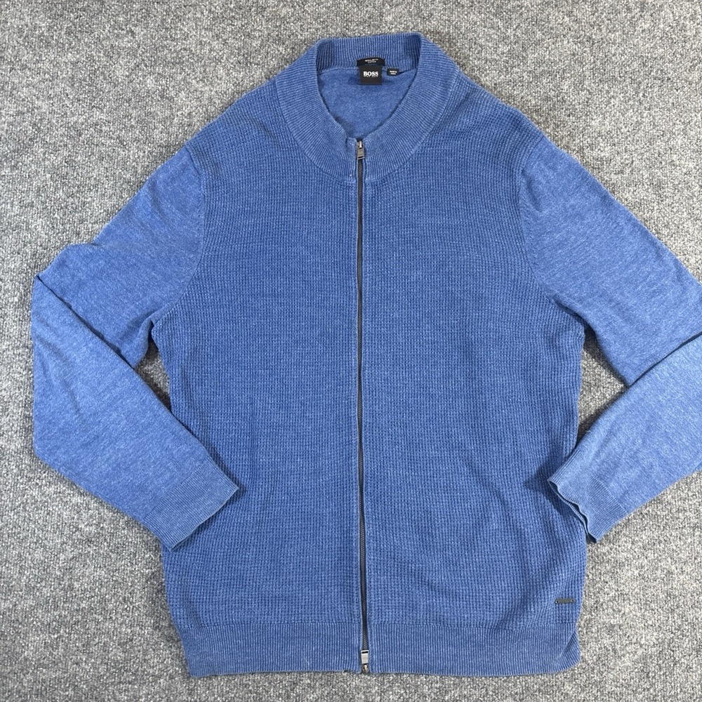 HUGO BOSS Mens Blue Waffle Knit Full Zip Sweater XXL